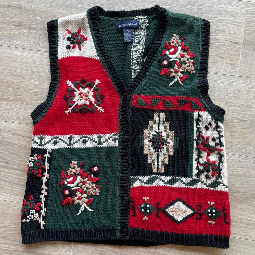 Vintage Mountain Lake Patchwork Knit Sweater Vest Women's Medium Granny Cabin